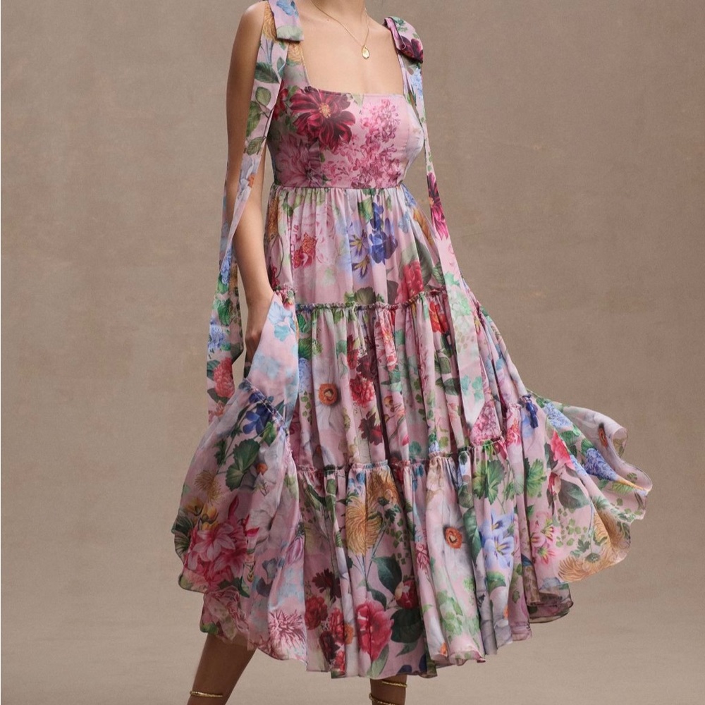 Anthropologie Floral Dress BHLDN ISABELLA TIERED SQUARE-NECK A-LINE MIDI DRESS
